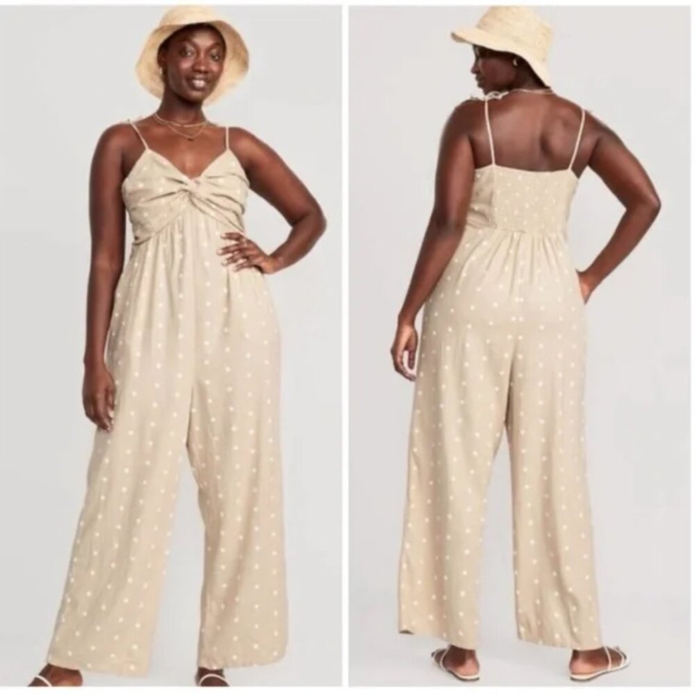 Old Navy NWT Tie Shoulder Twist Front Smocked Jumpsuit Polka Dot Linen Blend